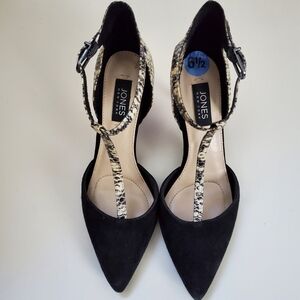 New Jones NY T-strap snakeskin velvet heels